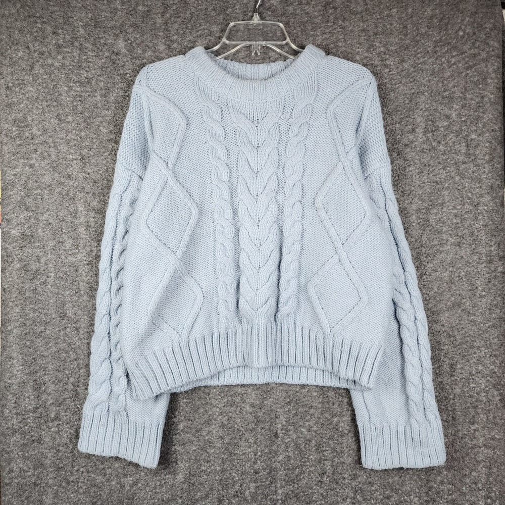 H&M Cable Knit Sweater Womens Medium Light Blue Crew Neck Chunky Relaxed Fit